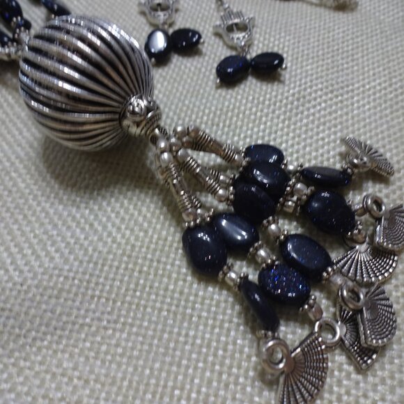 Unique BLUE SUNSTONE & ORNATE SILVER Handmade 26" Necklace with Earrings #166C - Picture 4 of 4